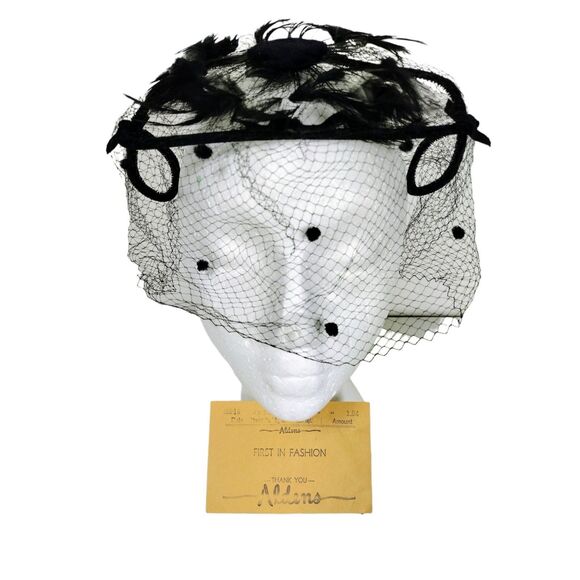 Vintage 40's 50's Black Velvet & Feathers Net Wired Fascinator Head Piece Hat - Picture 1 of 12
